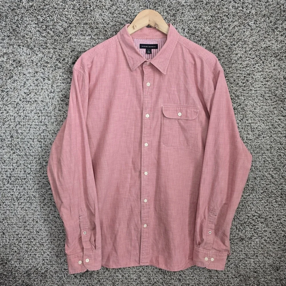 Banana Republic Shirt Mens XL‎ 17-17.5 Pink Button Up Pocket Long Sleeve Casual